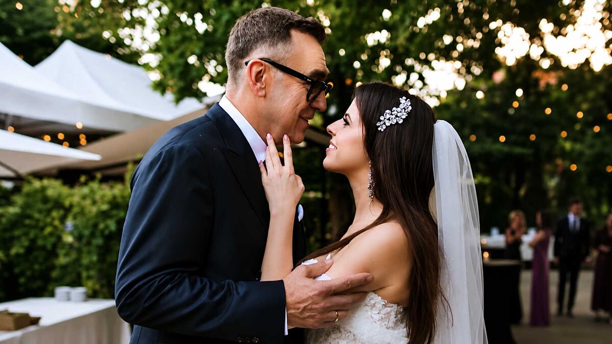 Maciej Orłoś i jego małżonka Paulina stoją naprzeciw siebie podczas sesji ślubnej w ogrodzie. Maciej Orłoś ubrany jest w ciemny garnitur i białą koszulę, a Paulina ma na sobie białą suknię ślubną z welonem i ozdobą we włosach. W tle widoczne są drzewa, jasne namioty oraz goście znajdujący się w ogrodowej przestrzeni.
